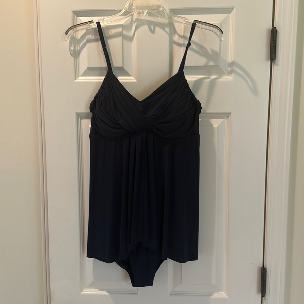 Garnet Hill Ruched-Overlay Navy Swim Suit sz 14
